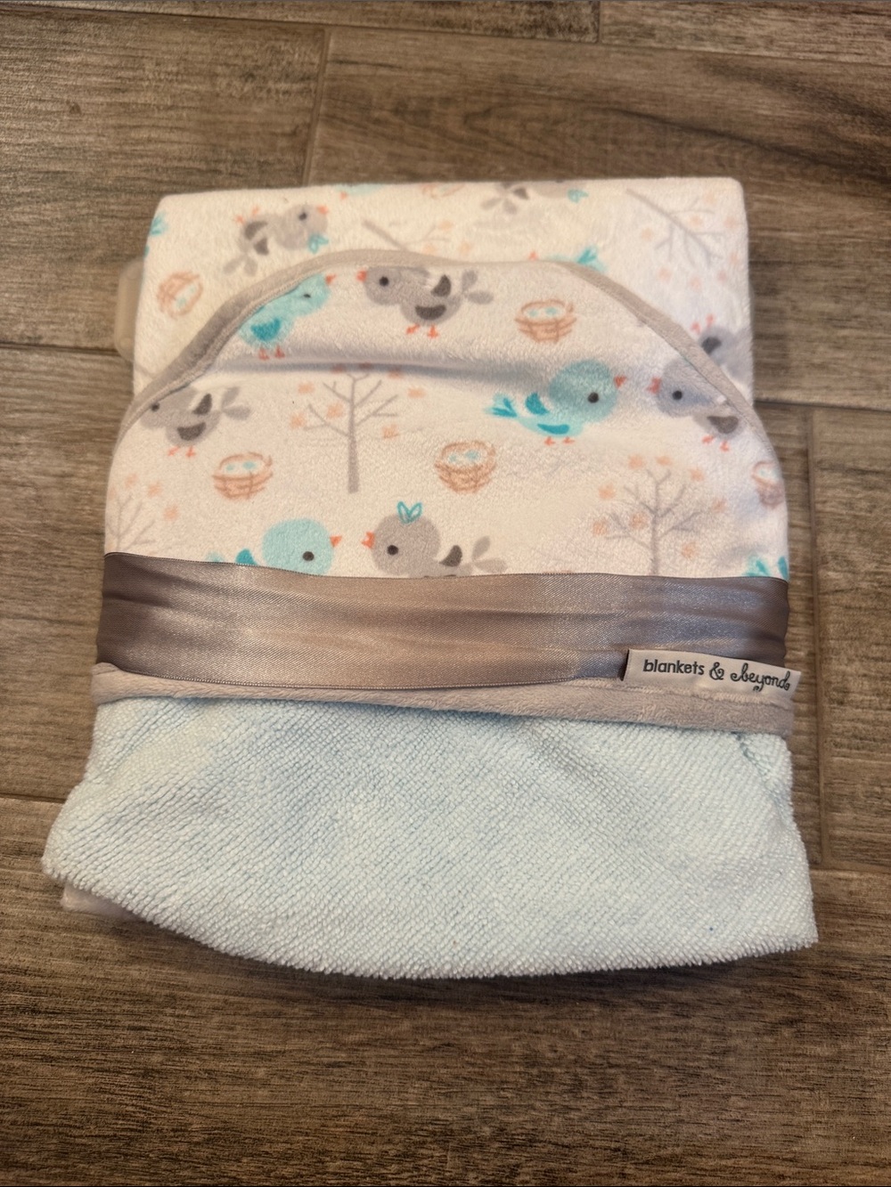 Blankets & Beyond Blue and Gray Baby Hooded Towel with Bird Print